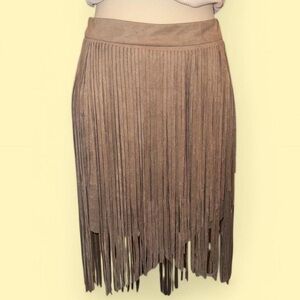 Ontwelfth Tan and brown asymmetric fringe mini skirt, size M